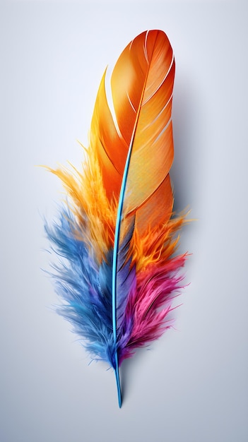 Una pluma colorida con plumas amarillas, naranjas y azules sobre un fondo gris.