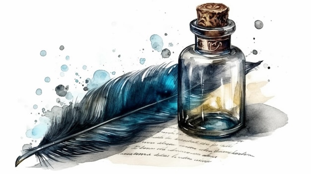 Pluma dentro de la carta de escritura de la botella de tinta