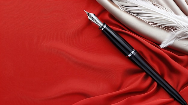 Una pluma estilográfica clásica se encuentra en una lujosa tela roja que simboliza la escritura elegante