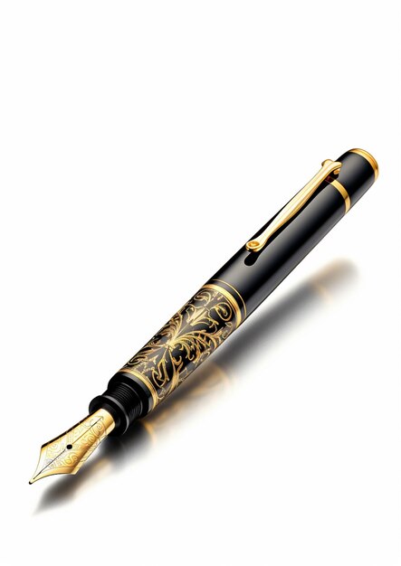 una pluma estilográfica negra con un diseño dorado en la parte superior.