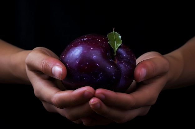 Pluma fresca con la mano sujetando las frutas de la ciruela