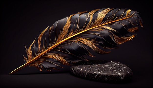 Pluma de mármol negro ultra realista con texturas doradas e iluminación dinámica Generative Ai