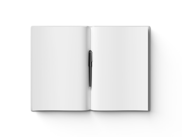 Pluma negra en el libro abierto blanco, en el fondo blanco.
