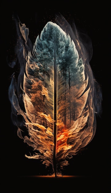 Una pluma de pájaro con fuego y llamas