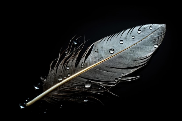 pluma de un pájaro con gotas de agua sobre un fondo negro Hermosa pluma con gotas de agua sobre fondo negro primer plano Generado por IA