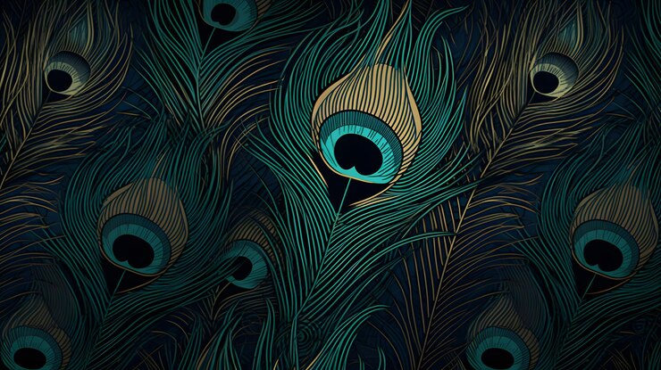 Una pluma de pavo real está sobre un fondo azul oscuro.