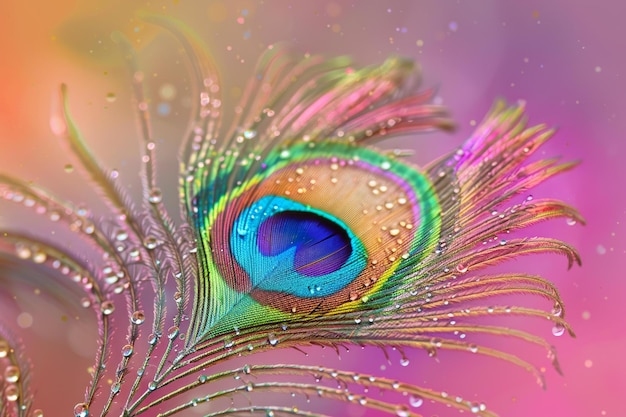 Pluma de pavo real vibrante con gotas de agua