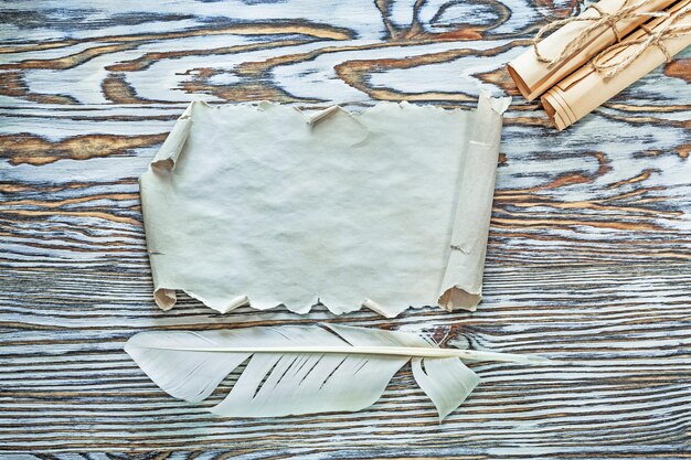Pluma de pergamino de rollos de papel vintage sobre tabla de madera