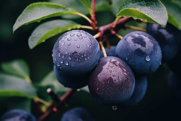 Pluma pintada a mano en acuarela rama realista con frutas púrpuras y hojas verdes generadas por IA