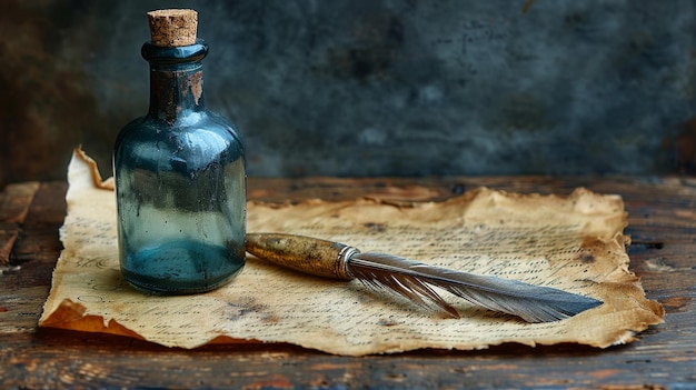 La pluma de pluma anticuada y el tintero en el pergamino