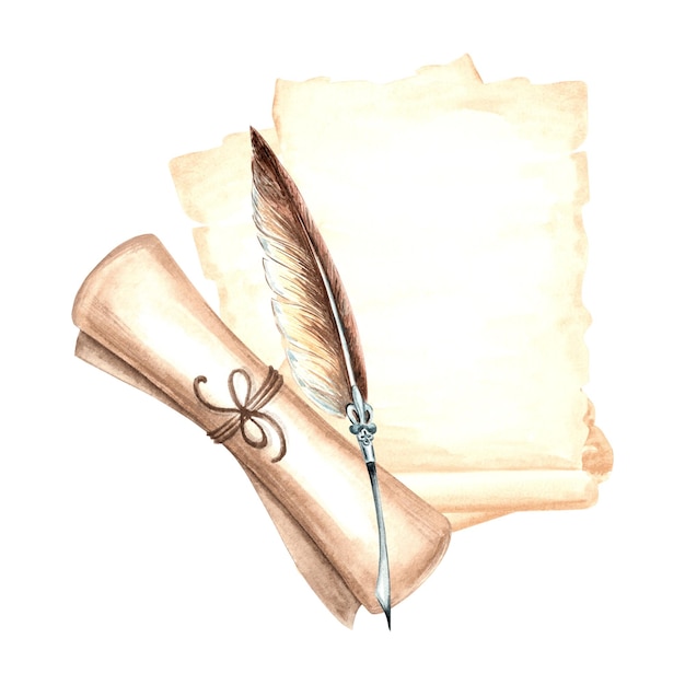 Pluma de pluma con hojas de pergamino y composición de rollo con utensilios de escritura antiguos