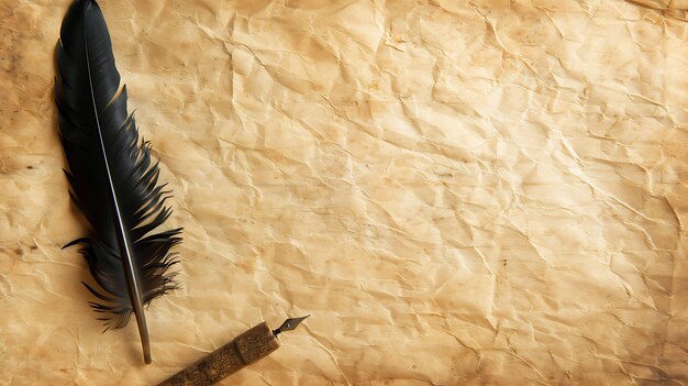 Foto una pluma de pluma negra y un tintero descansan sobre un fondo de papel envejecido con textura