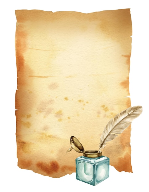pluma pluma de pluma y vintage vidrio verde tinte texturizado papel marrón viejo con bordes desordenados acuarela ilustración de temas históricos dispositivos antiguos para escribir