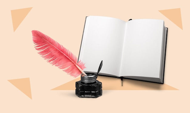 Pluma de pluma retro y libro sobre fondo pastel