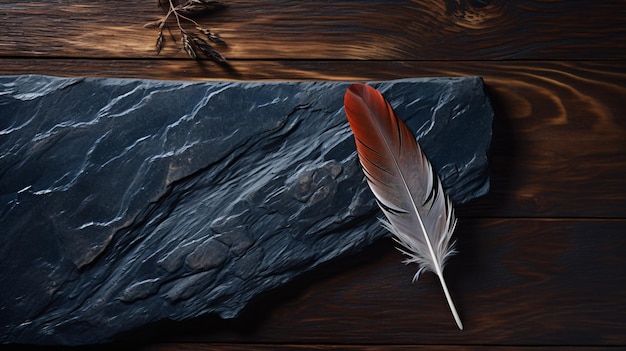 Una pluma sobre una piedra en una mesa de madera