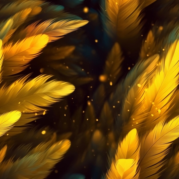 Las plumas amarillas están esparcidas sobre un fondo negro con un fondo azul generativo ai