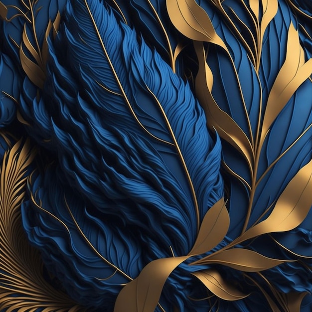 Plumas azules y doradas en una ilustración de arte vectorial de fondo azul