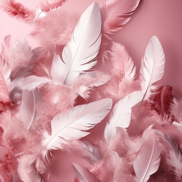 Plumas blancas sobre fondo rosa