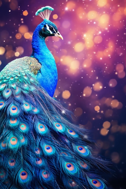 Plumas de cola de pavo real navideñas iluminadas con fondo de luces navideñas con espacio vacío para texto