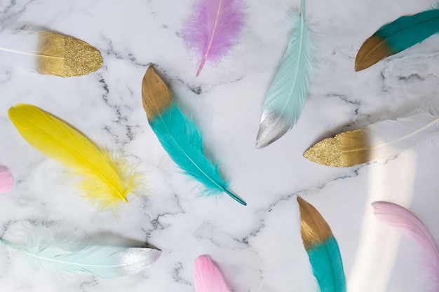 Foto plumas de colores con decoración dorada sobre fondo de mármol