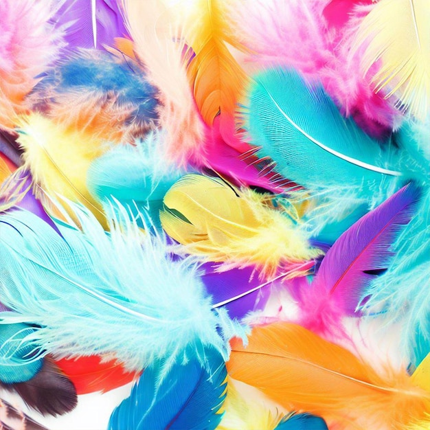 Las plumas de colores están esparcidas por todo un fondo blanco.