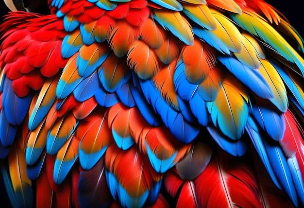 Foto las plumas coloridas de las aves del guacamayo escarlata con tonos rojos, amarillos, naranjas y azules