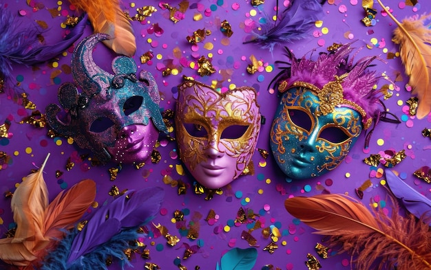 Foto plumas coloridas en un fondo púrpura de máscaras de carnaval