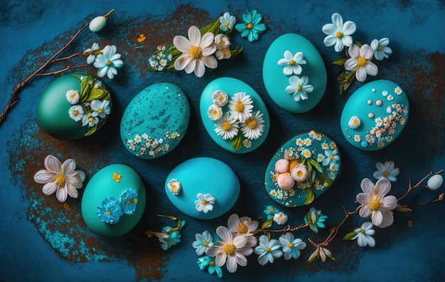 Plumas de huevos de Pascua en un nido sobre un fondo de madera azul Concepto mínimo