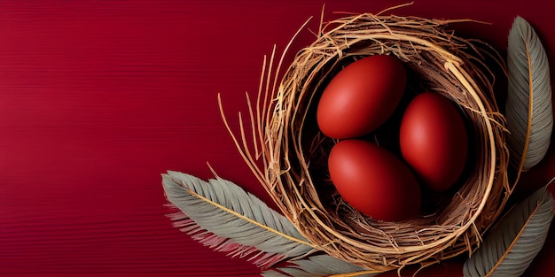 Plumas de huevos de Pascua en un nido sobre un fondo de madera roja Pancarta o póster El concepto mínimo