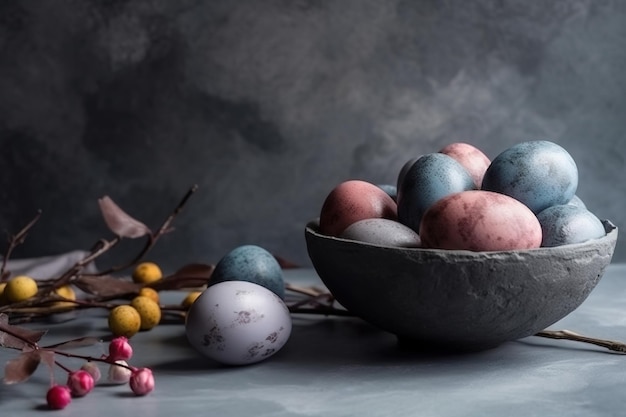 Plumas de huevos de Pascua en un nido sobre fondo rústico