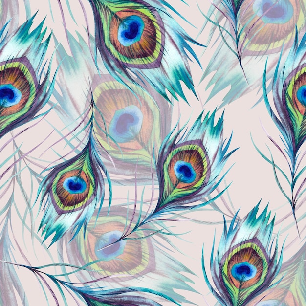Las plumas de pavo real patrón sin costuras La ilustración está dibujada a mano y ejecutada en acuarela Una hermosa pluma de pájaro Fénix de colores brillantes en un fondo beige Ornamento indio asiático