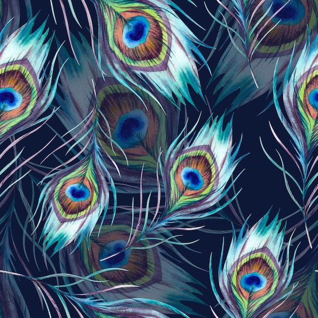 Las plumas de pavo real patrón sin costuras La ilustración está dibujada a mano ejecutada en acuarela Una hermosa pluma de pájaro Fénix de colores brillantes en un fondo oscuro Ornamento indio asiático
