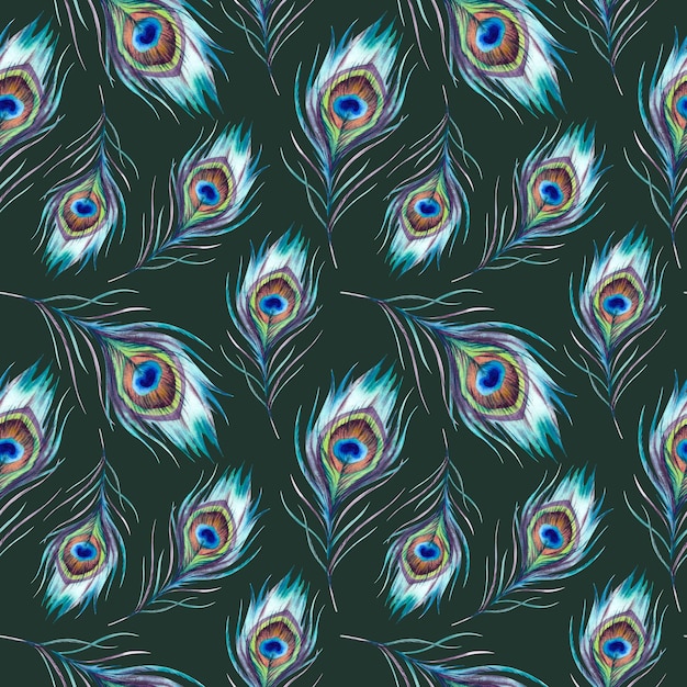 Las plumas de pavo real patrón sin costuras La ilustración está dibujada a mano ejecutada en acuarela Una hermosa pluma de pájaro Fénix de colores brillantes en un fondo oscuro Ornamento indio asiático