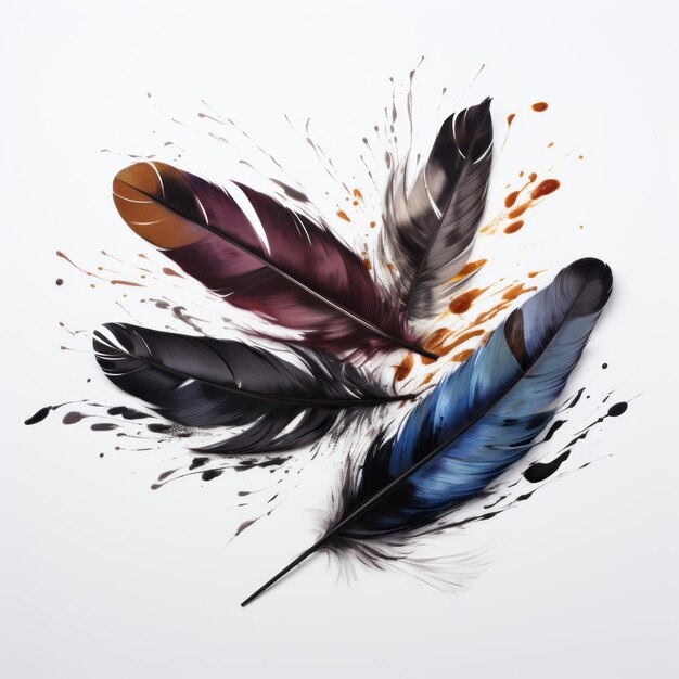 Las plumas que caen exploran el arte del mármol de las partículas de colores oscuros sobre un fondo blanco