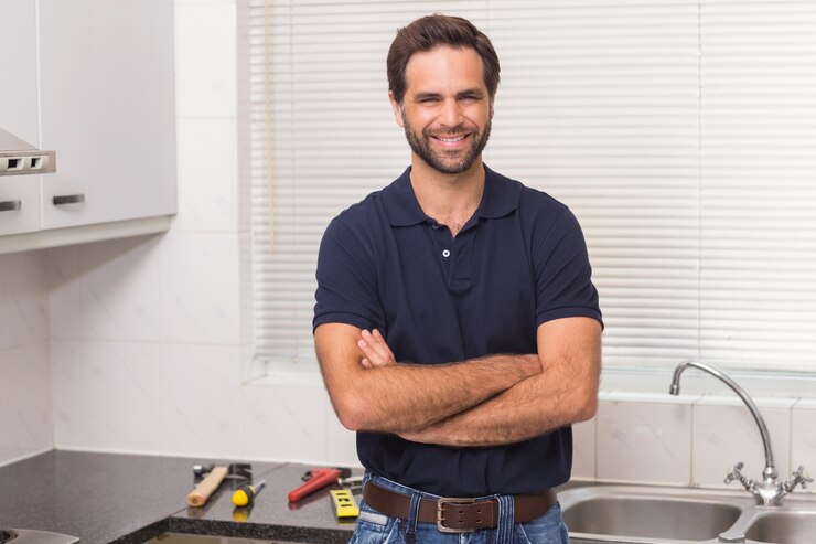 Foto plumber sorrindo para a câmera
