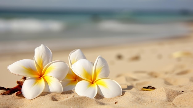 Plumeria Blumen am Strand auf dem Sand selektiver Fokus Blume Generative AI