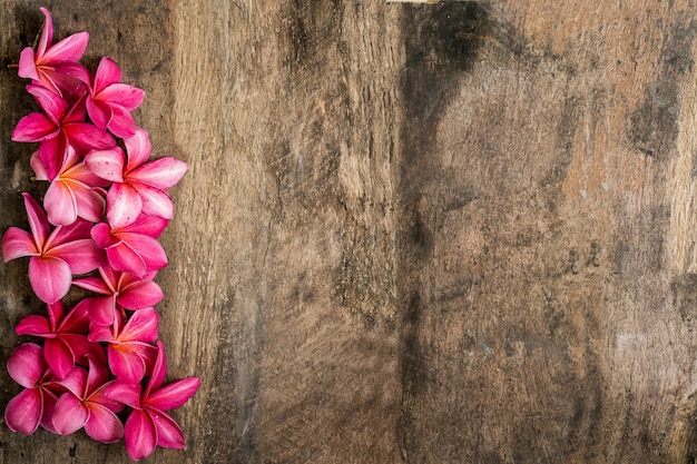 Foto plumeria flor roja sobre fondo de madera grunge