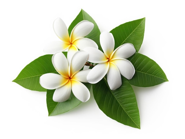 Plumeria flores tropicais com folhas verdes isoladas em branco