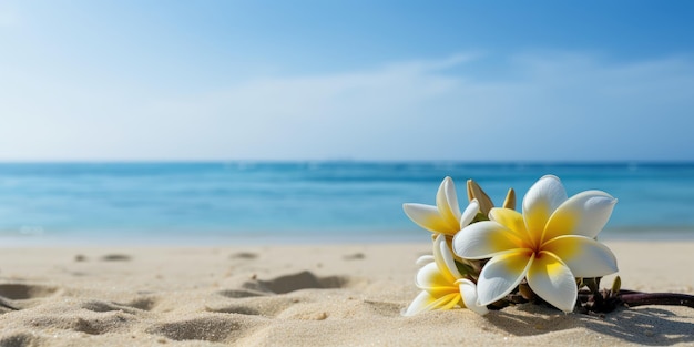 Plumeria Frangipani no mar tropical e no fundo do céu azul da praia Tempo festivo de verão Generative AI