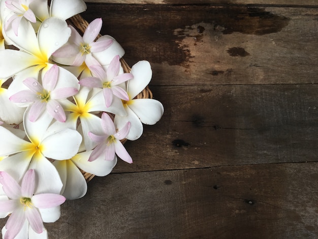 Foto plumeriablume und regenlilienblume auf holz.