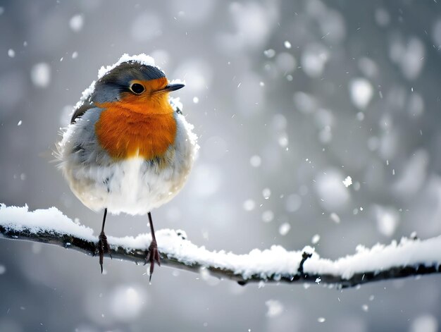 Plump-Robin im Winter auf einem schneebedeckten Zweig