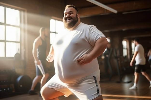 Plus-Größe-Mann in weißer Sportbekleidung trainiert im Fitnessstudio, um Gewicht zu verlieren