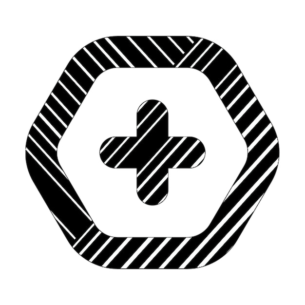 plus Sechseck-Symbol schwarz-weiße diagonale Linien