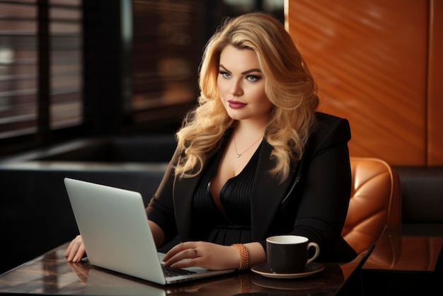 Plus-Size-Manager mit Laptop-Computer unterwegs