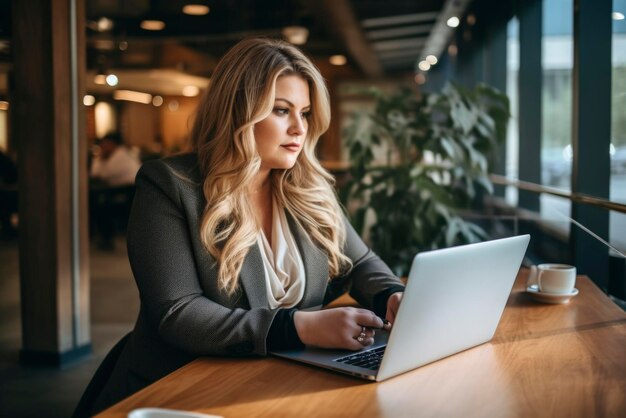 Plus-Size-Manager mit Laptop-Computer unterwegs