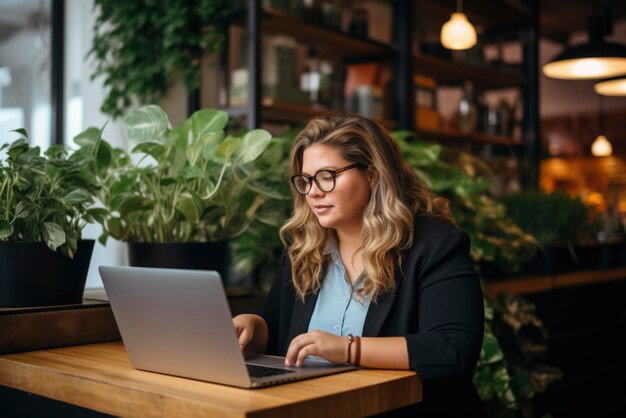 Plus-Size-Manager mit Laptop-Computer unterwegs