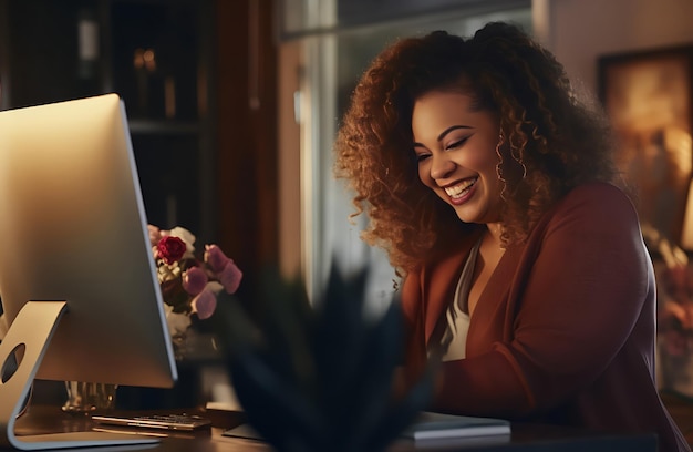 Plussize, linda e grande empresária feminina com excesso de peso, sorrindo para seu laptop