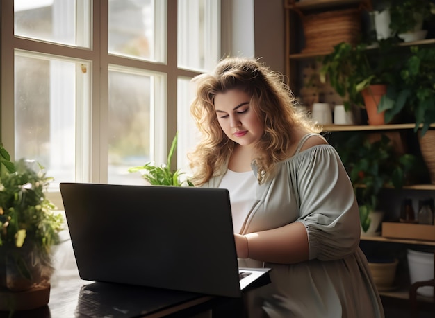 Plussize, linda e grande empresária feminina com excesso de peso, sorrindo para seu laptop