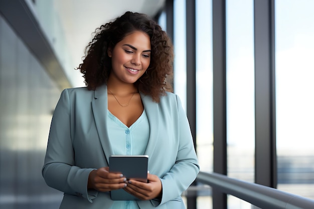 Plussize sobrepeso hermosa mujer de negocios grande sonriendo ante su computadora portátil