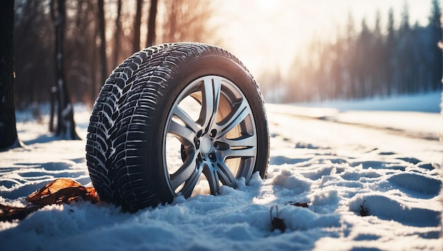 Pneumático de carro de inverno com detalhes de pneus de carro na estação de neve de inverno na estrada coberta de neve e mo